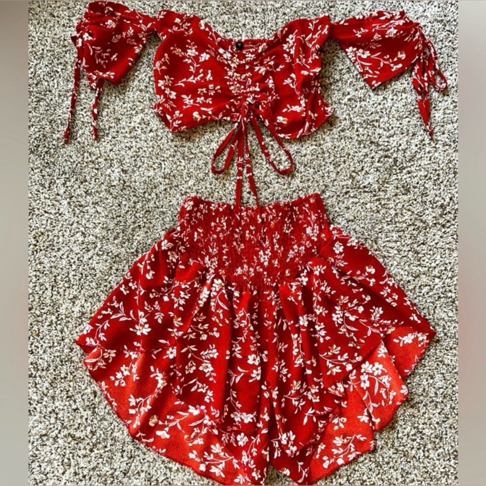 Red Cropped Two Piece - Top & Shorts